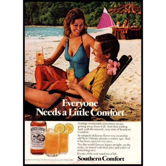 1982 Everyone Needs a Little Southern Comfort Vintage Print Ad Beach Tiki Island - Picture 1 of 1